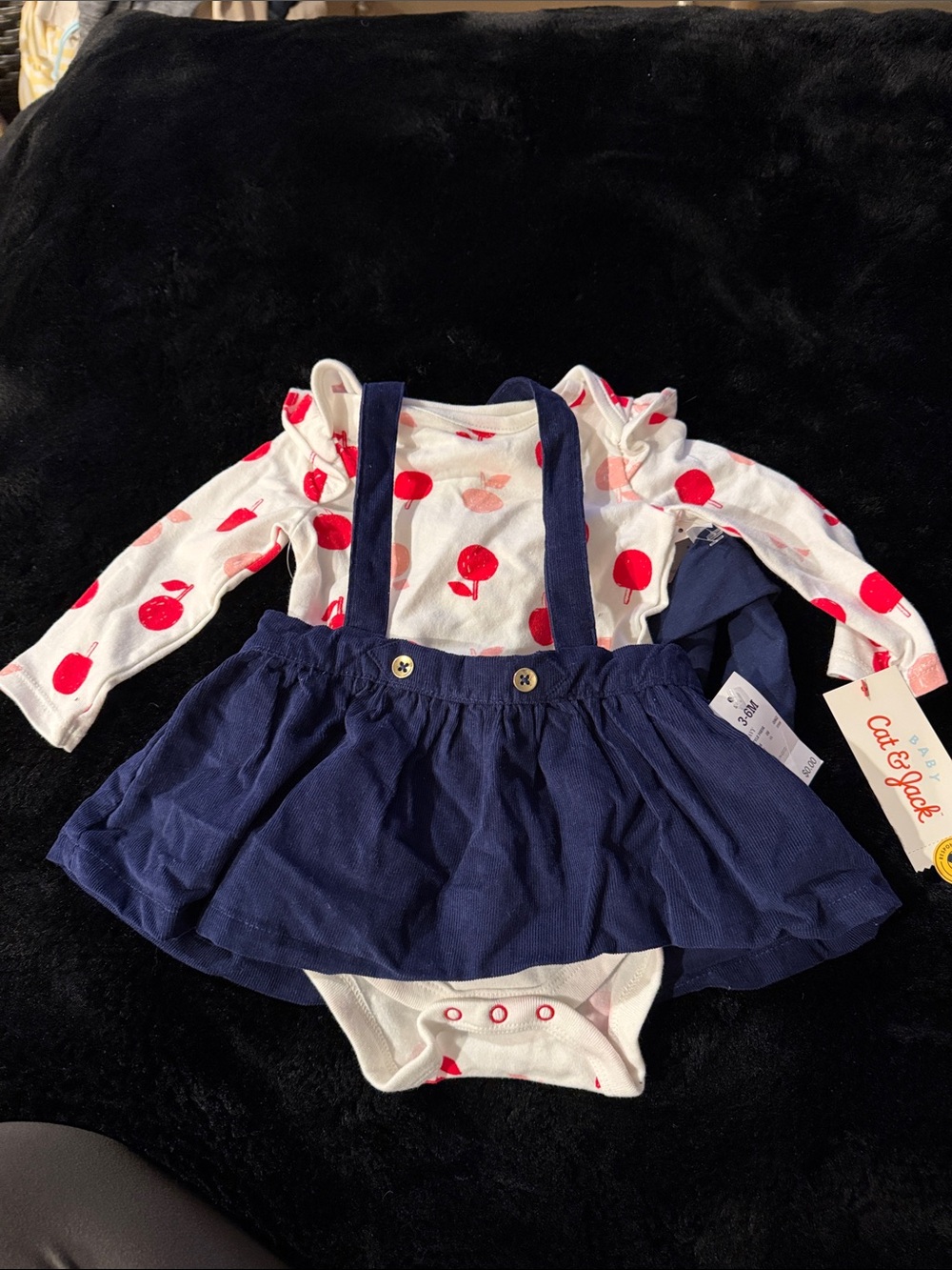Cat & Jack White Apple Print Bodysuit with Navy Suspender Skirt & headband 3-6m